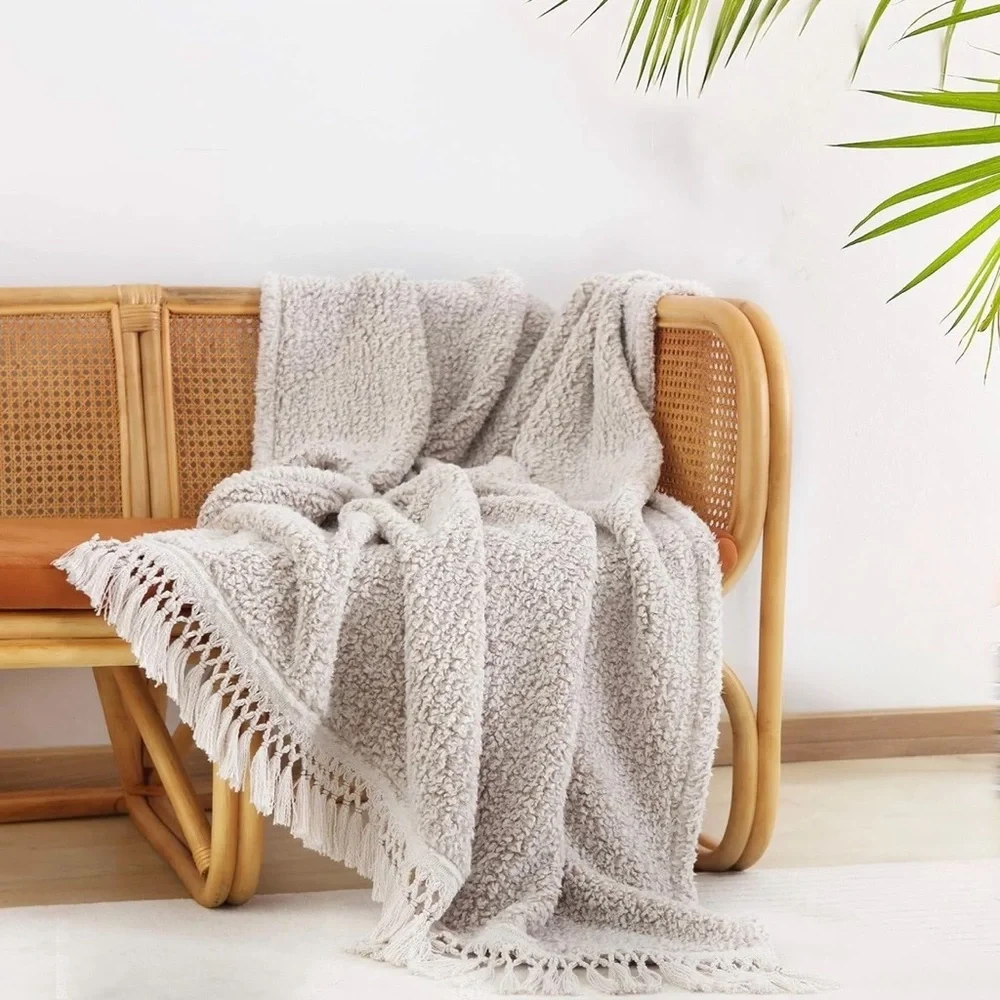 NEW West Elm Beige Sherpa Tassel Fringe Boho Cozy Knit Throw Blanket - 50
